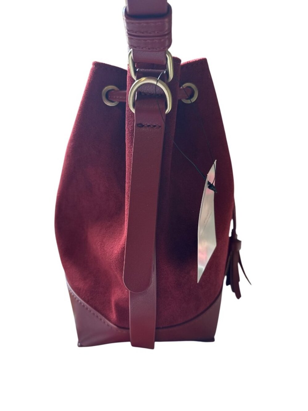 Burgundy Suede Leather Bucket Bag With Tassel Drawstring & Adjustable Strap - Picture 5 of 8
